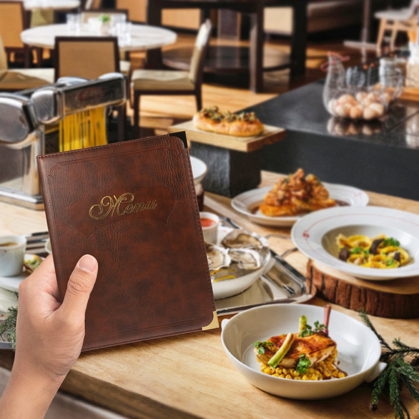 Restaurant Menu Covers 2 Pack – Burgundy Faux Leather | 8.5 x 11" Menu Holder with 7 Pages (14 Views)