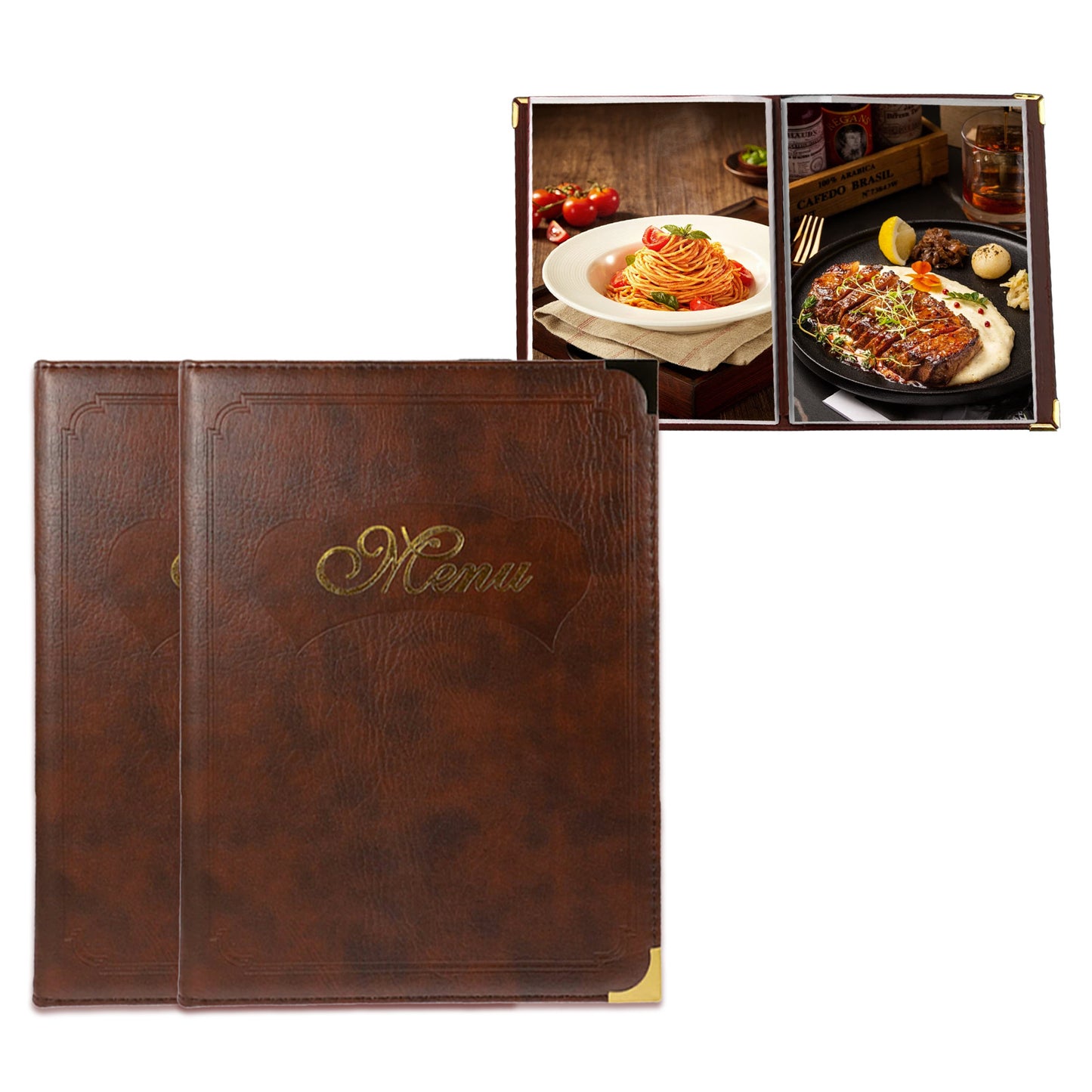 Restaurant Menu Covers 2 Pack – Burgundy Faux Leather | 8.5 x 11" Menu Holder with 7 Pages (14 Views)