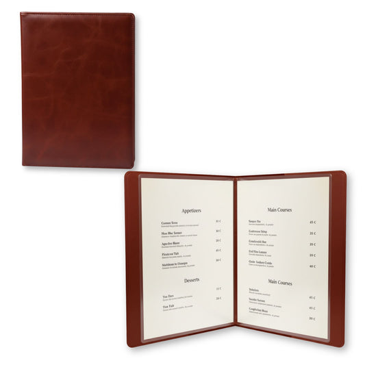 Premium Faux Leather Binder & Menu Cover – 4 Page 8 View Clear Sleeves, Rounded Corners, Stitch Trim, No Logo – Vintage Document Holder for Restaurants, Bars, Cafes & Sheet Music