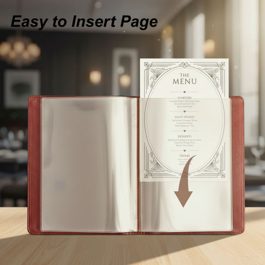 Premium Faux Leather Binder & Menu Cover – 4 Page 8 View Clear Sleeves, Rounded Corners, Stitch Trim, No Logo – Vintage Document Holder for Restaurants, Bars, Cafes & Sheet Music